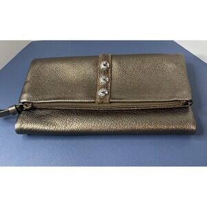 BRIGHTON Metallic Bronze Pebbled Leather Foldover Wallet Scroll Studs Designer
